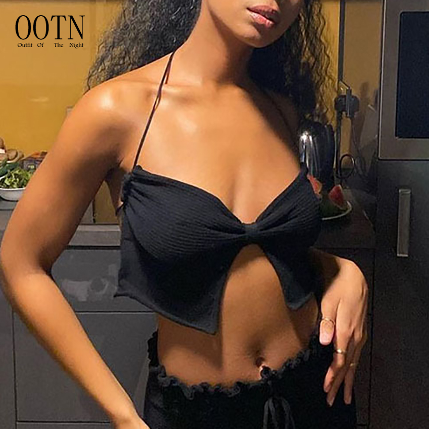 Топы OOTN для женщин, летняя майка без рукавов, укороченные Клубные Модные наряды, трикотажный топ с лямкой на шее, сексуальная майка с открытой спиной, укороченные топы