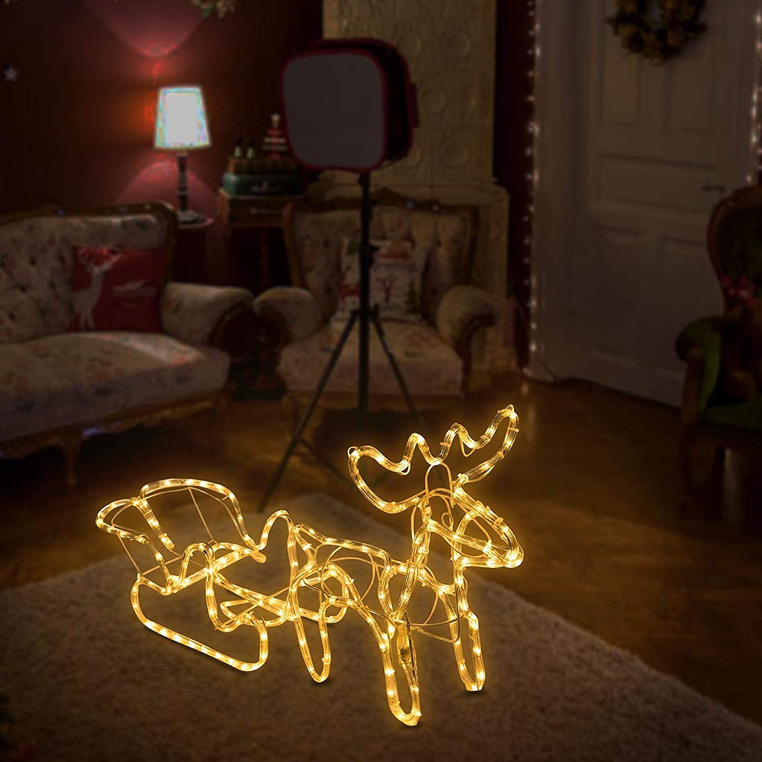 Christmas Lighted Sleigh and Reindeer Waterproof Plug in LED Rainbow Tube Decoration for Outdoor Yard Home Party