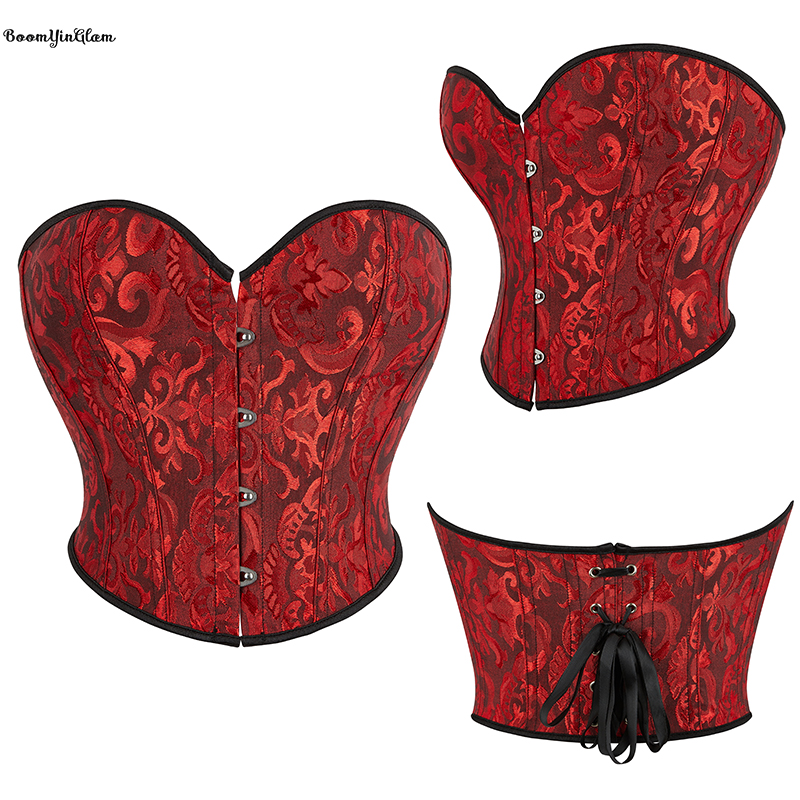 4 Brooches Chest Binder Bustier Lacing Bandage Corset Shapewear 12 Glue Bones Vintage Corselet Women's Burgundy Crop Top