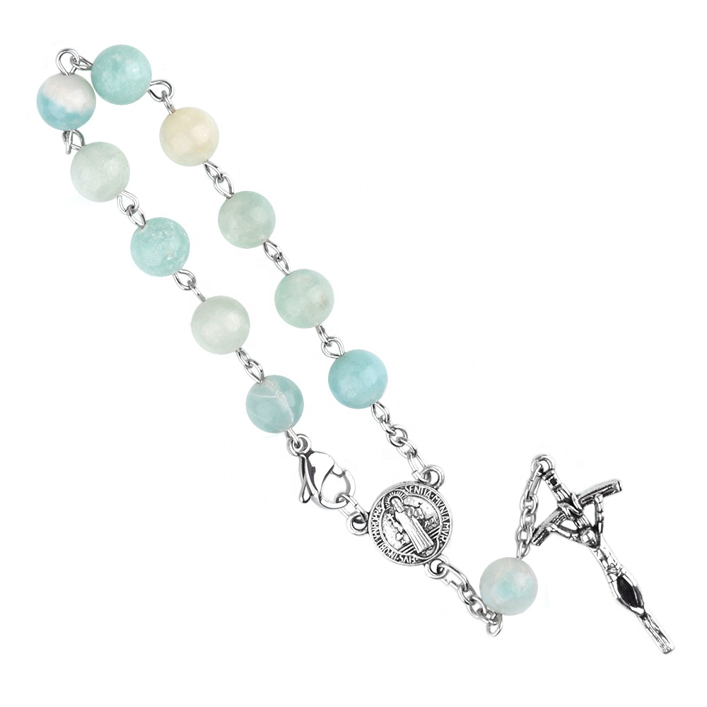 Amazonite Stainless Steel Decade Rosary Green Stone Catholic Virgin Mary St Benedict Cross Bracelet