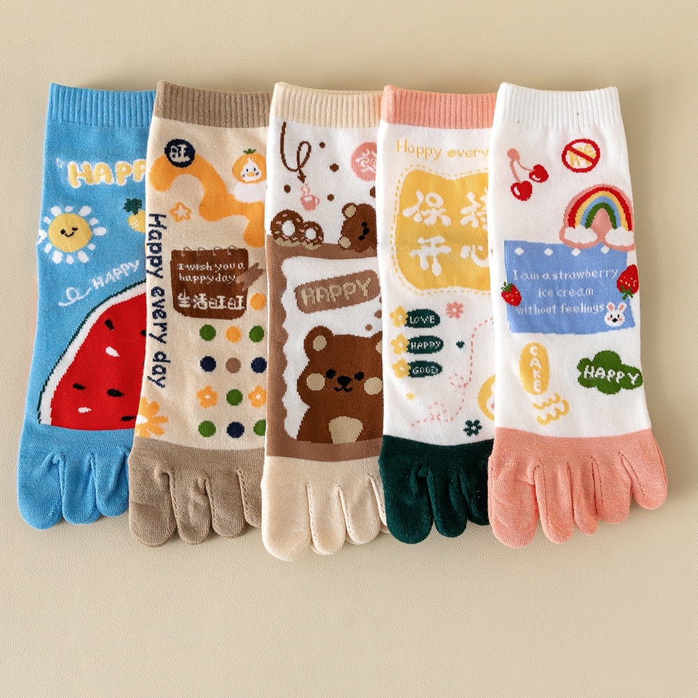 Kawaii Cute Women Toe Socks with Separate Fingers High Quality Cotton Five Finger Socks Cartoon Sports Ankle Socks