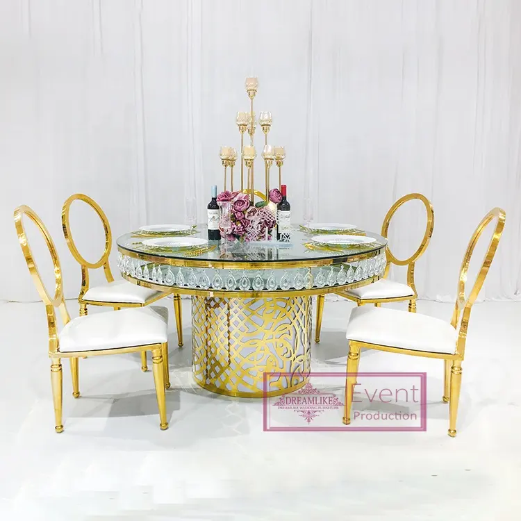 High quality round stainless steel frame glass golden dining table clear crystal wedding table