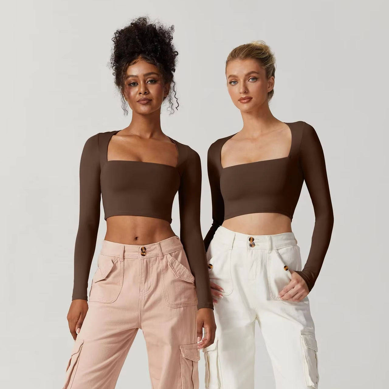 Square-neck Short Length Women Quick Dry Yoga Slim Fit Long Sleeve T-Shirt Sexy Running Training Oversized Worktout Gym Crop Top
