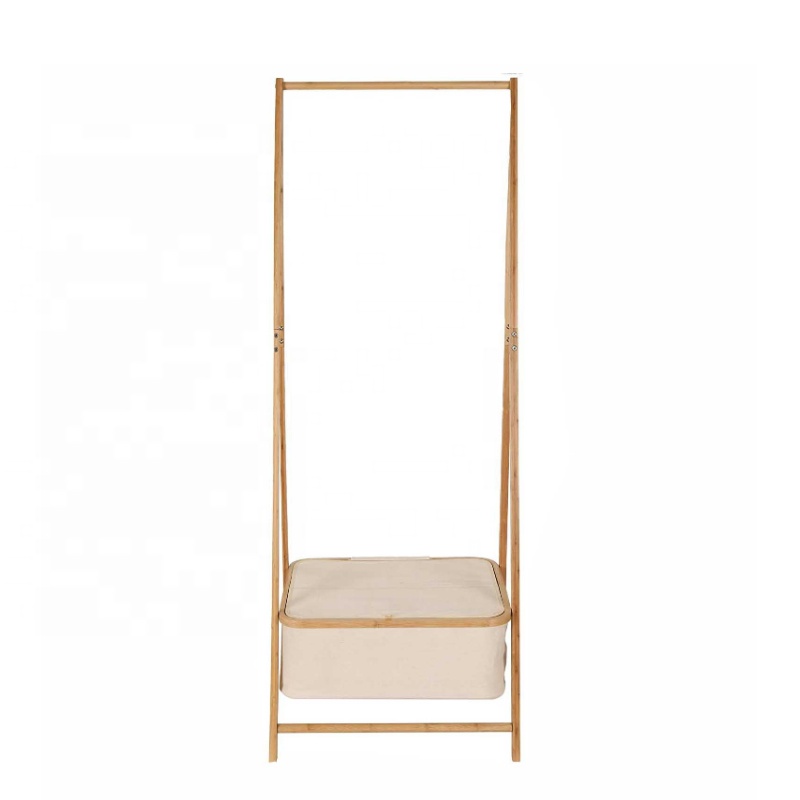 New design Bamboo shelf bedside furniture laundry clothes drying rack with storage hamper