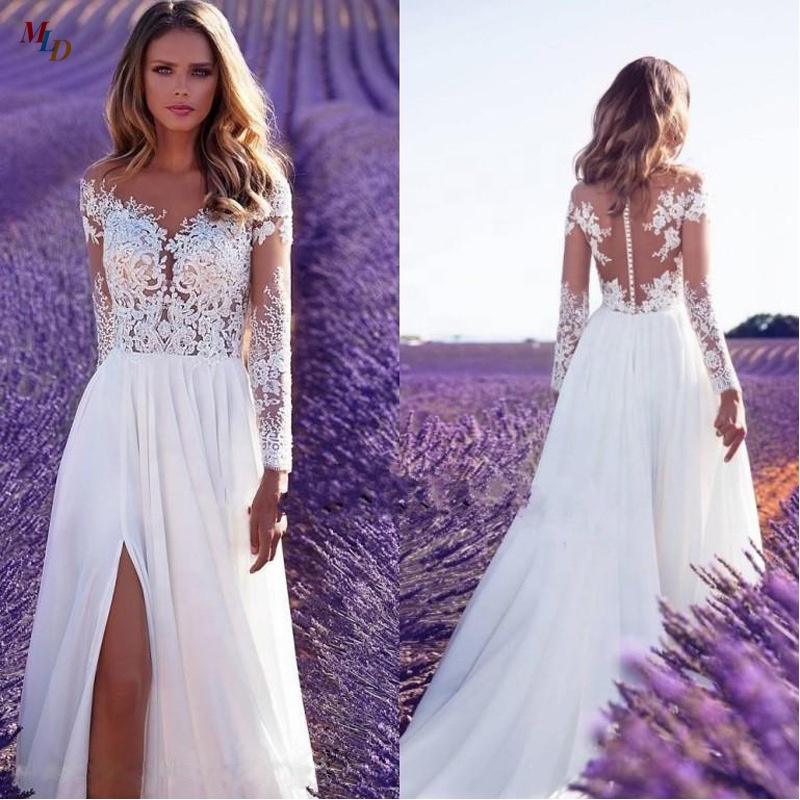 2021 elegant woman dress long-sleeved see-through lace wedding dress with slit and the floor-length lace back sexy wedding gown