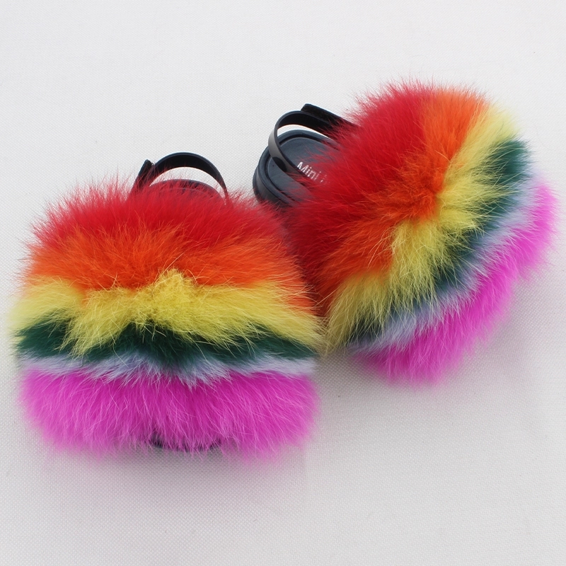 Custom Children Fashion Slippers Cute Colorful baby fur slides Full Customized Soft Real Fox kids fur slippers