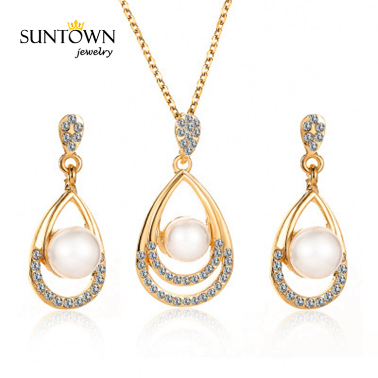 SUNTOWN brilhando prata perola colar brincos mulheres conjunto de joias para o casamento