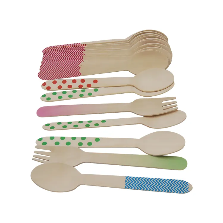 Manufacturer Cheap Price Customizable Printed Logo Knives Forks and Spoons Disposable Bamboo Wooden Cutlery Set