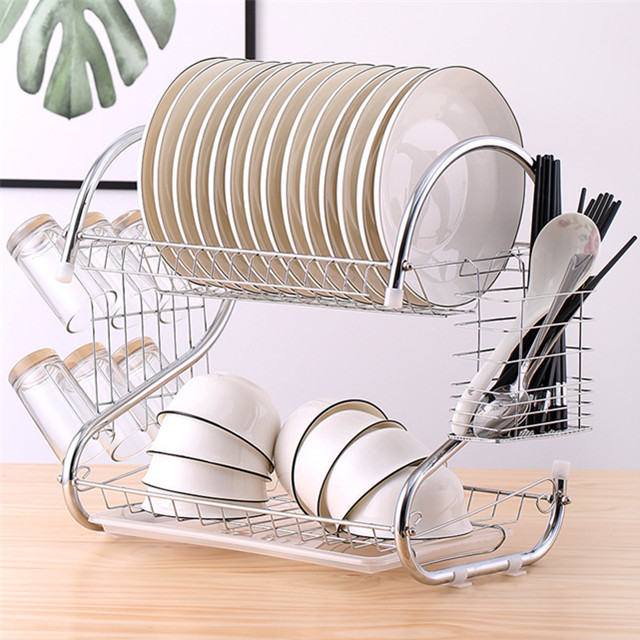 Multifunctional S-shaped Dual Layers Bowls & Dishes & Chopsticks & Spoons Rack With 2-Layer Dish Rack And Dish Drainer