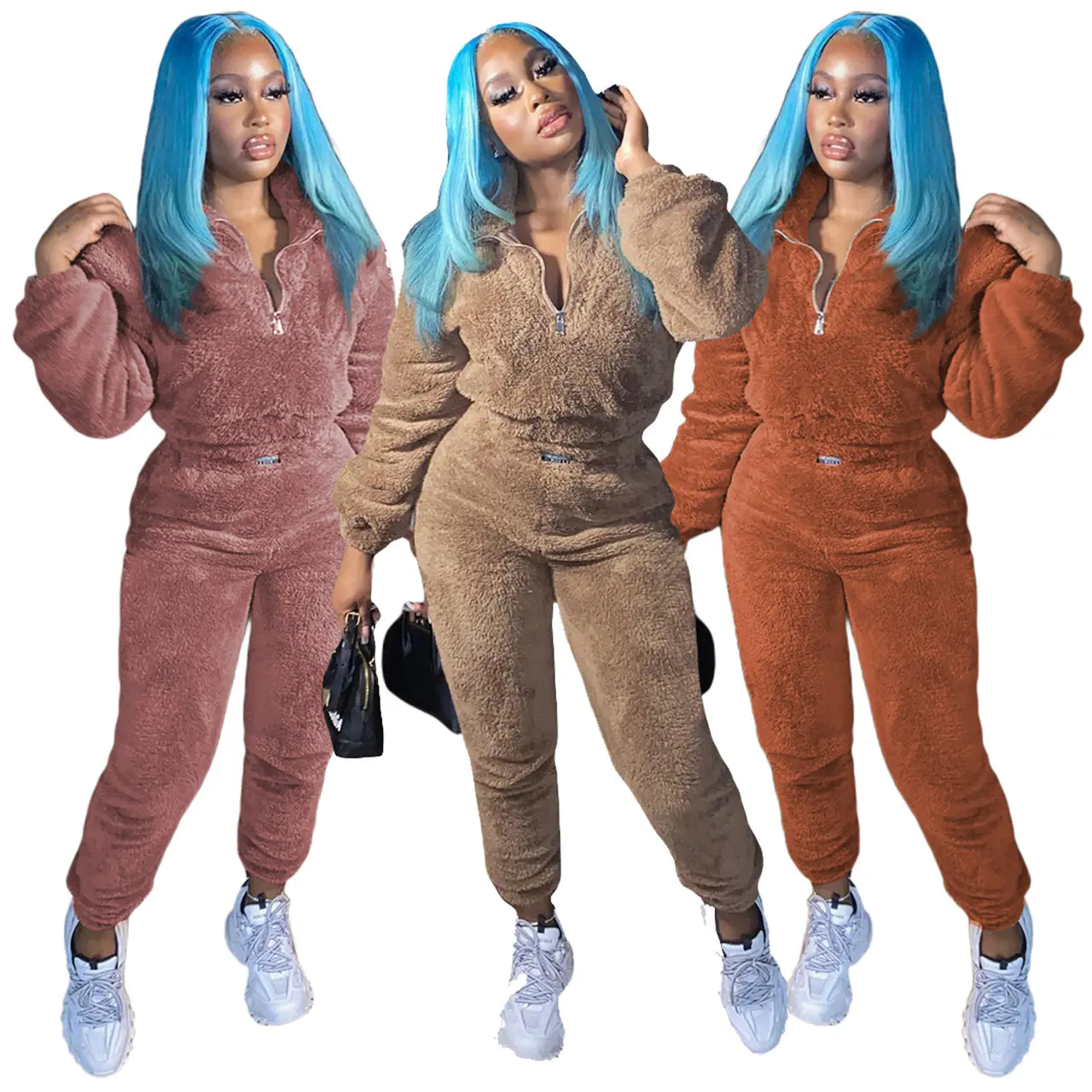2022 Women Spring Fur Faux Coats Jackets Tracksuits Fall Clothing Joggers Crop Top 2 Two Piece Pant Sets Outfits Women
