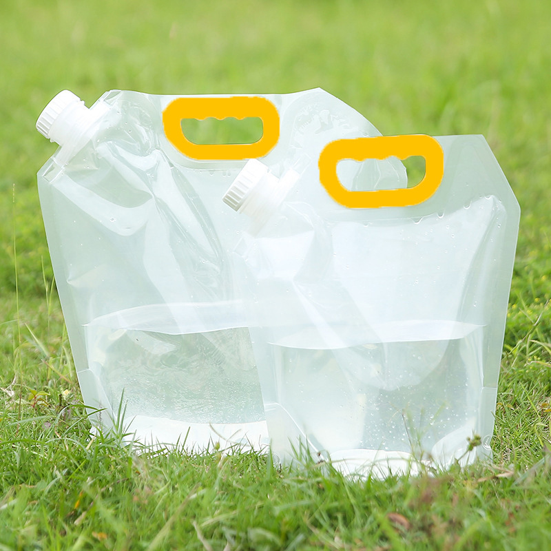 In stock wholesale 3L spout pouch customized printing beverage water bag plastic handle and screw cap nozzle liquid drinking bag