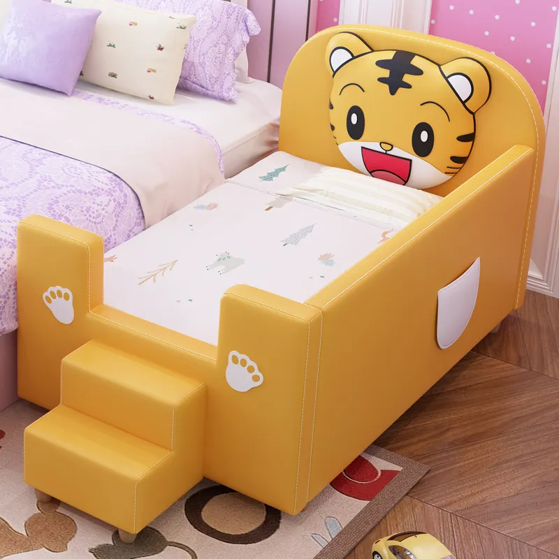 Yellow small children's room furniture wooden leather upholstered bed cartoon kid bed