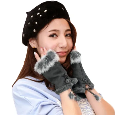 E901 Wholesale Women Girls Winter Warm Cycling Fuax Rabbit Fur Half Finger Mitten Work Driving Fingerless Gloves