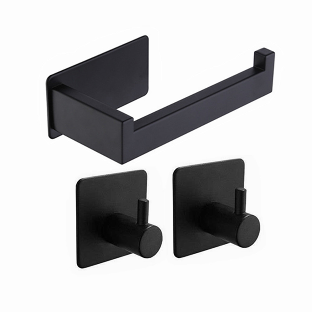 Black Bathroom Accessories Toilet Paper Holder and Towel Hooks No Driling