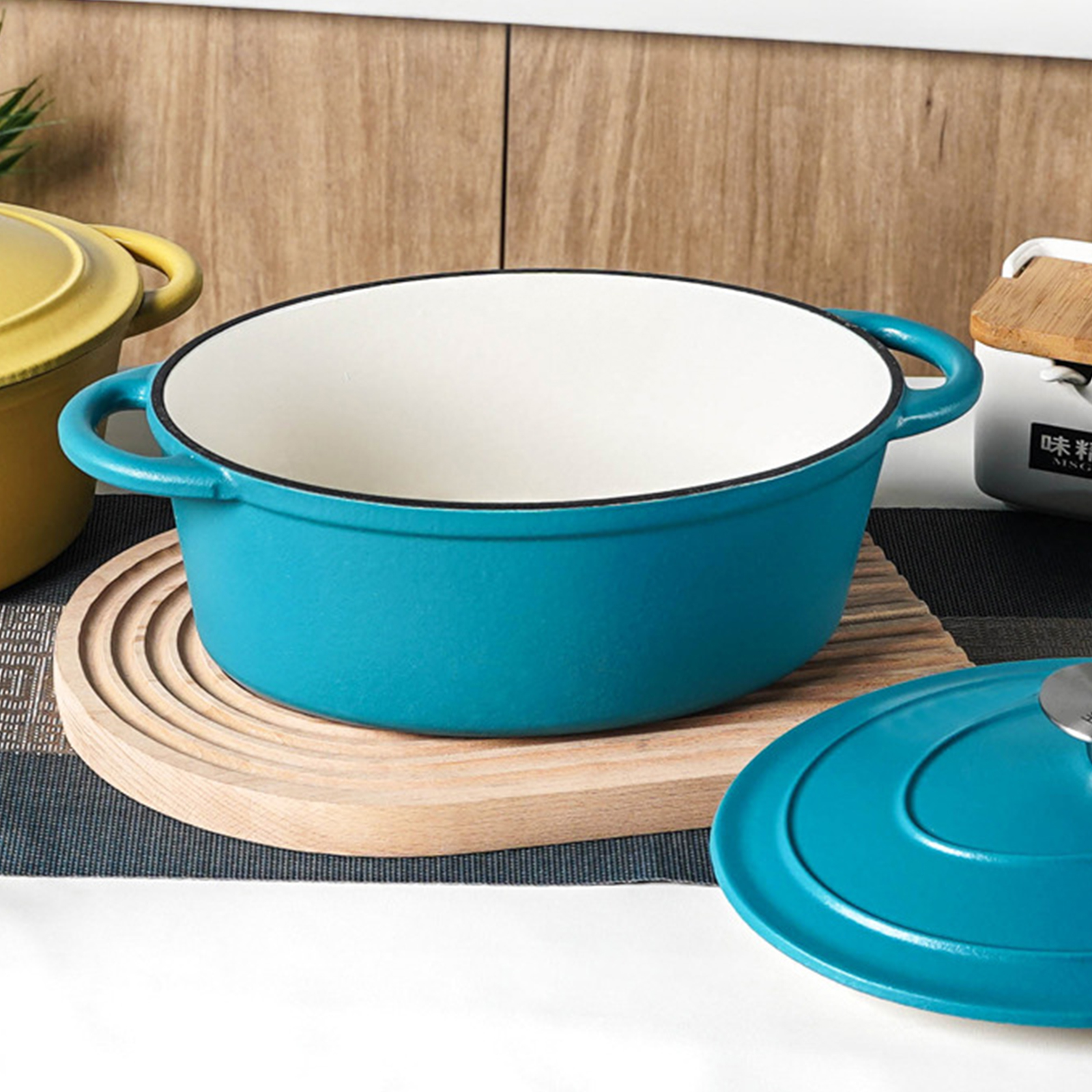 27cm Cast Iron Enamel Oval Soup Pot Saucepan Braising Pot Non-coated Non-stick Pan Blue Yellow Household Kitchen Cooking