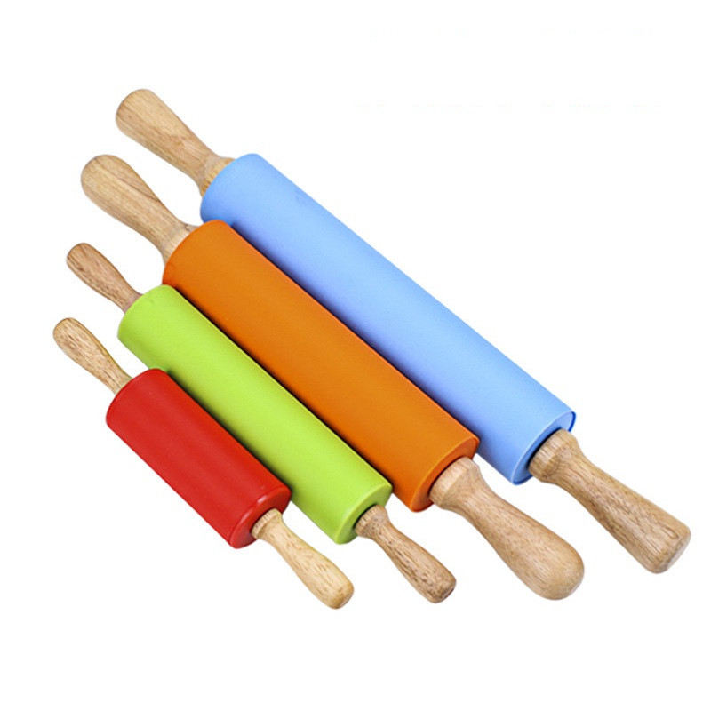 Silicone Rolling Pin Solid Wood Handle Roller Non-Stick Food Flour Stick Dumpling Stick Baking Tools