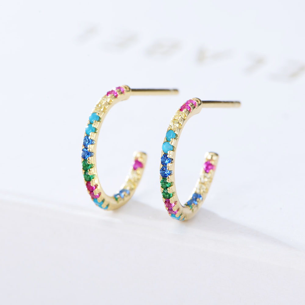 Peishang 925 стерлингового серебра 18K позолоченные радужные Разноцветные Циркон C формы манжеты серьги-гвоздики