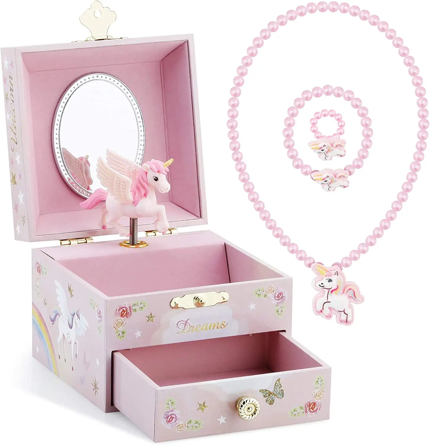 Kids Custom Ballet Musical Jewelry Box for Girls with Drawer and Jewelry Set with Mysterious Unicorn
