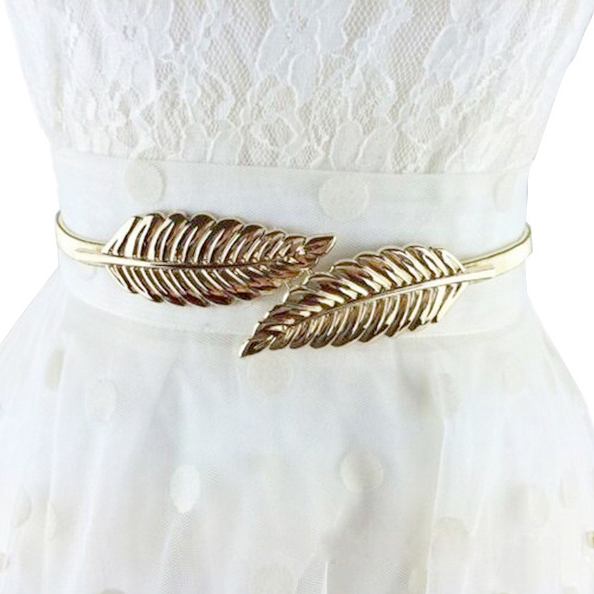 Vintage Women Dress Decorative Gold Leaf Design Elastic Chain Thin Belts Metal Waist Chain Belt