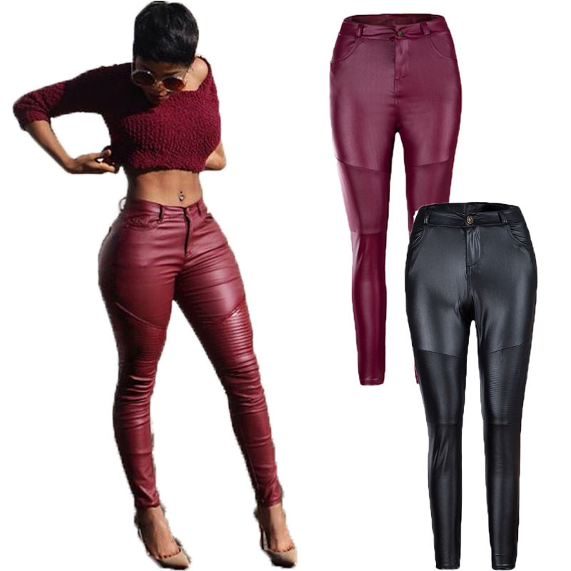 Horse Racing Autumn and winter women's street pleated leather pants tight elastic LeggingsChaps