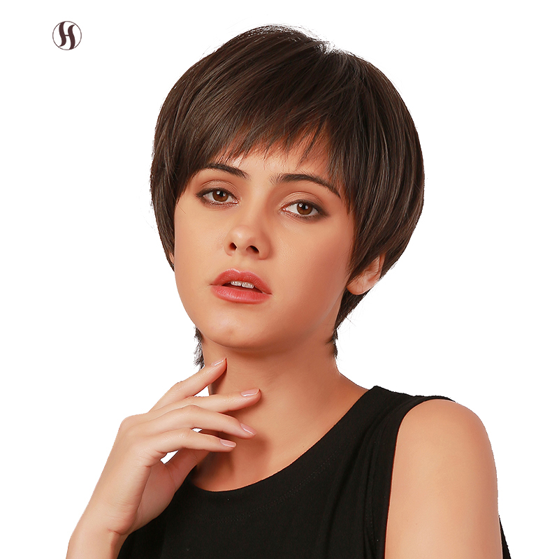 Wholesale Short Wigs with Bangs Layered Cut Natural Short Synthetic Hair Wig for Women