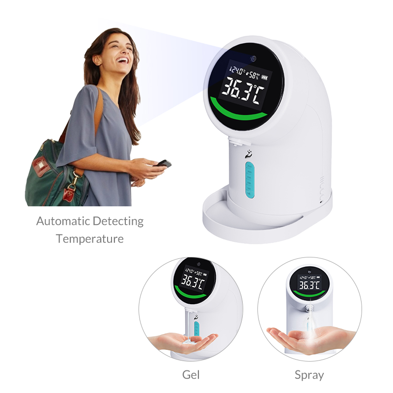 2 in1 High end Non touch LCD show temperature humidity automatic sanitizer alcohol dispenser with thermometer