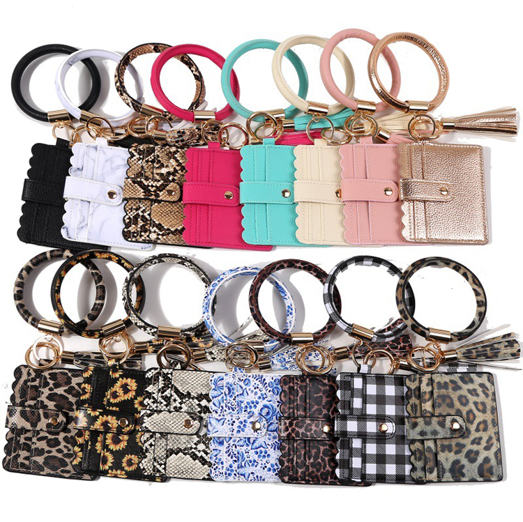 #AZB077 Recycled PU Leopard Flower Printed Design Purse and Handbags Circle Wristlet Ring Tassel Card Key Holder