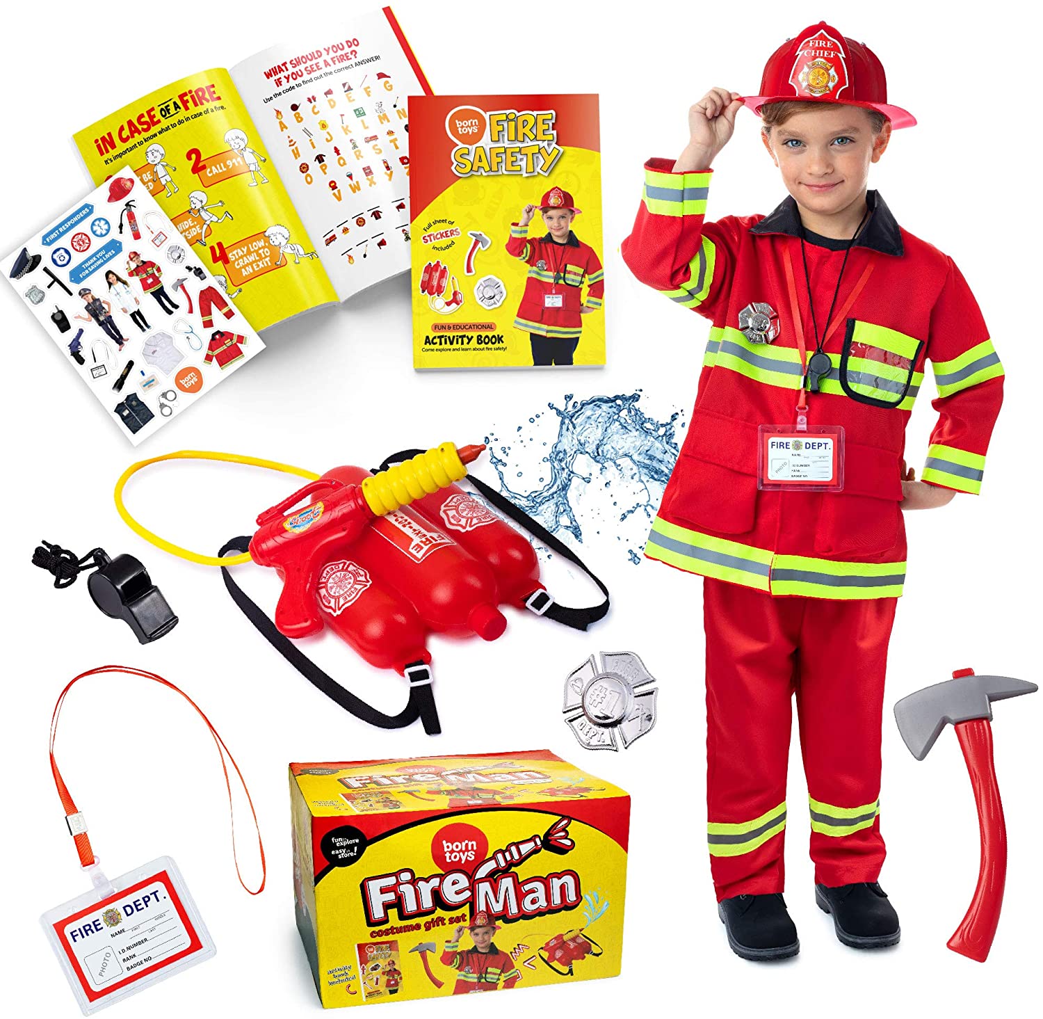 Kids Toys Ultimate fireman costume washable fire coat  pants helmet accessories with fire shooter fire safety activity book