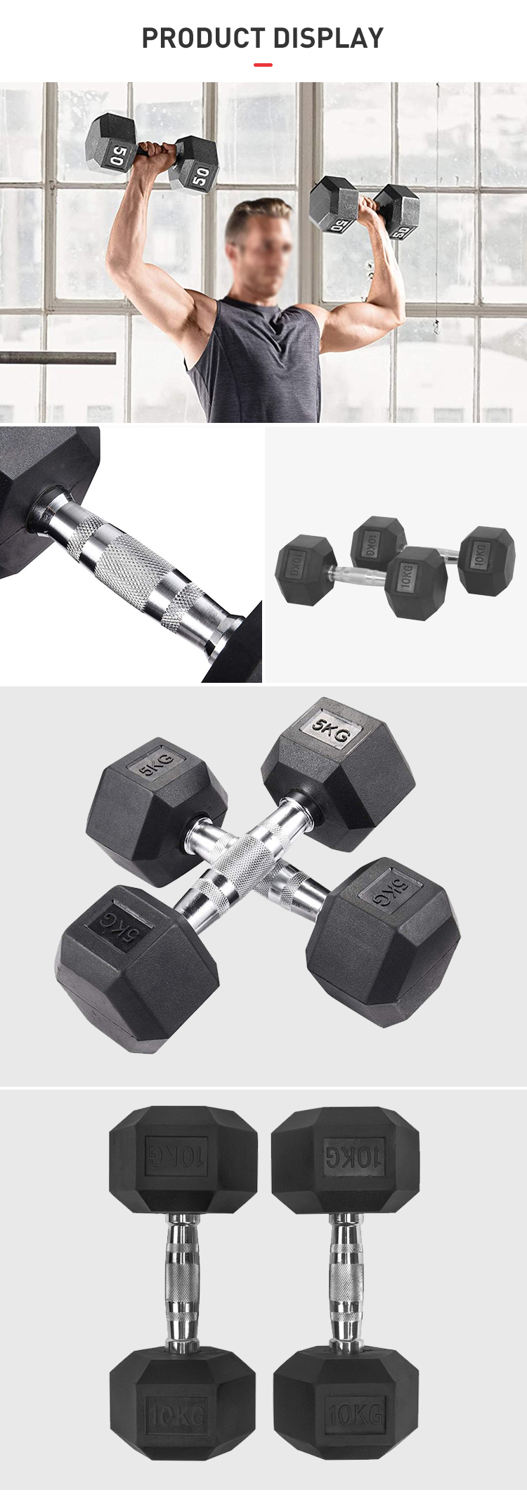 Black Rubber Coated Hex Dumbbells Free Weight Gym Equipment Steel Handle Dumbbell Workout Strength Weights