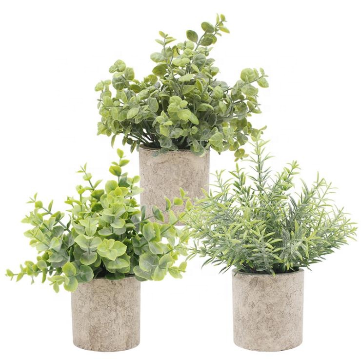 Mini Potted Plants Artificial Flocked Eucalyptus Boxwood Rosemary Greenery in Pots for home decor
