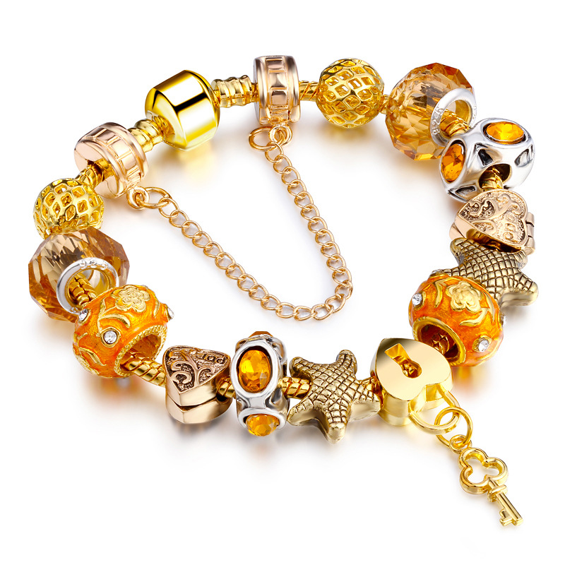 New Arrival Real Gold Plated Austrian Crystal Beaded Bracelet Starfish Heart Beaded Key Lock Charms Bracelet