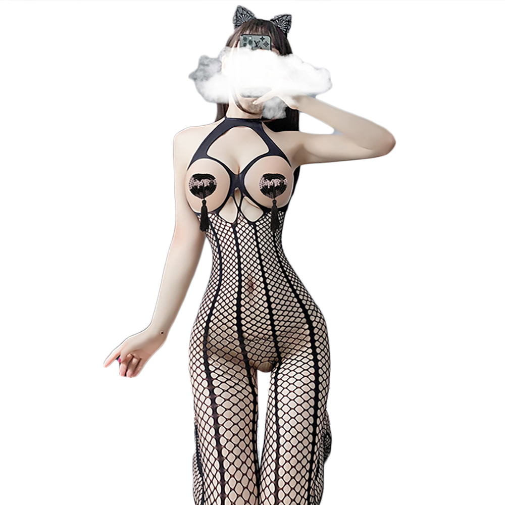 MULHERELFO Sexy lingerie hollow halter neck vertical stripe one piece socks net