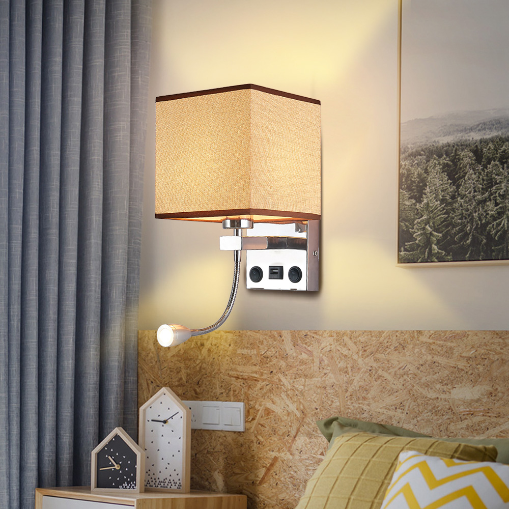 Modern Square USB Fixture Sconce Lamp Led Wall Light Bedside Hotel Bedroom Indoor
