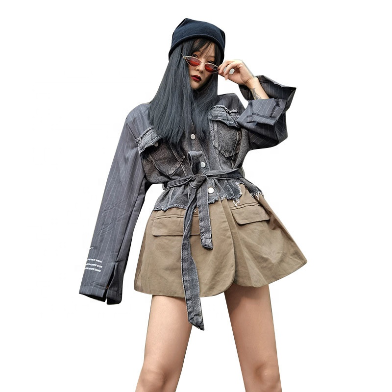 TWOTWINSTYLE Notched Collar Long Sleeve Patchwork Denim High Waist Blazer For Women