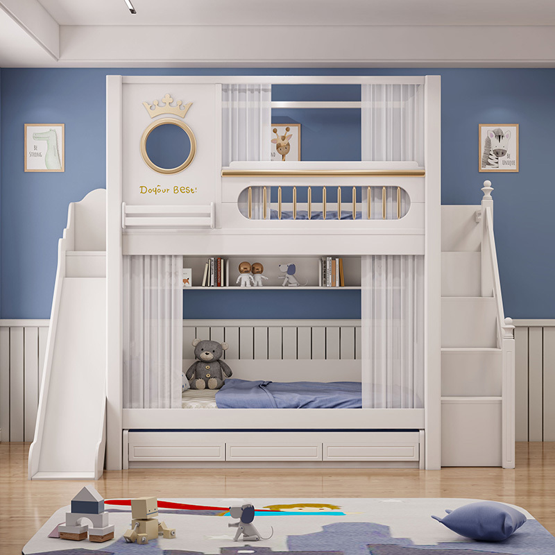 2023 new children's bunk solid wood bed luxury children's furniture upper and lower bunk slide bed with drawer
