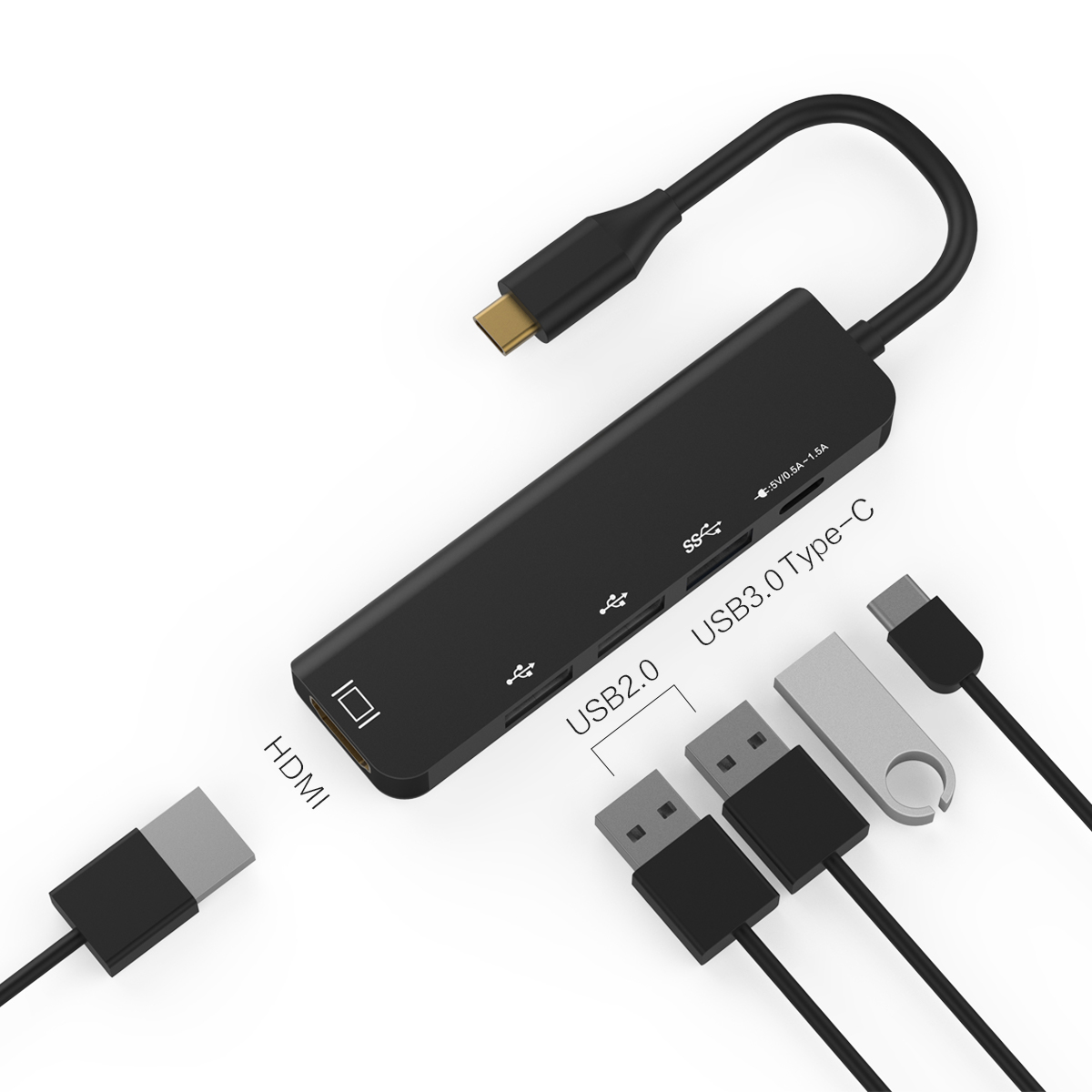 Поставка с фабрики 5 портов алюминиевый 5V зарядка USB3.0 4K USB C многопортовый концентратор для телефона ПК