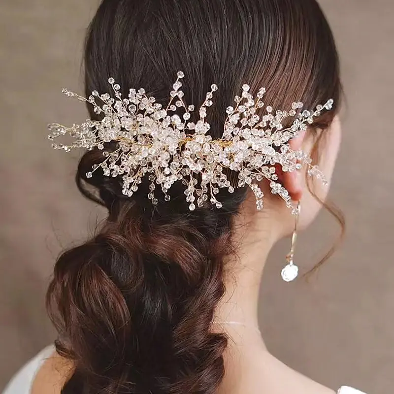Оптовая продажа, модные элегантные свадебные хрустальные свадебные аксессуары для волос, цветочные украшения для волос