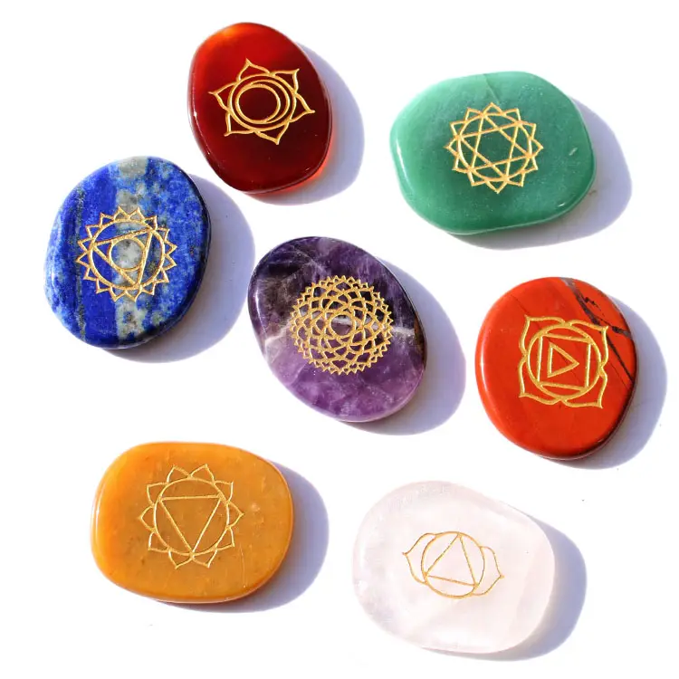 Natural Seven Kinds Quartz Crystal Palm Healing Engraved 7 Chakra Pocket Worry Stone Set For Meditation