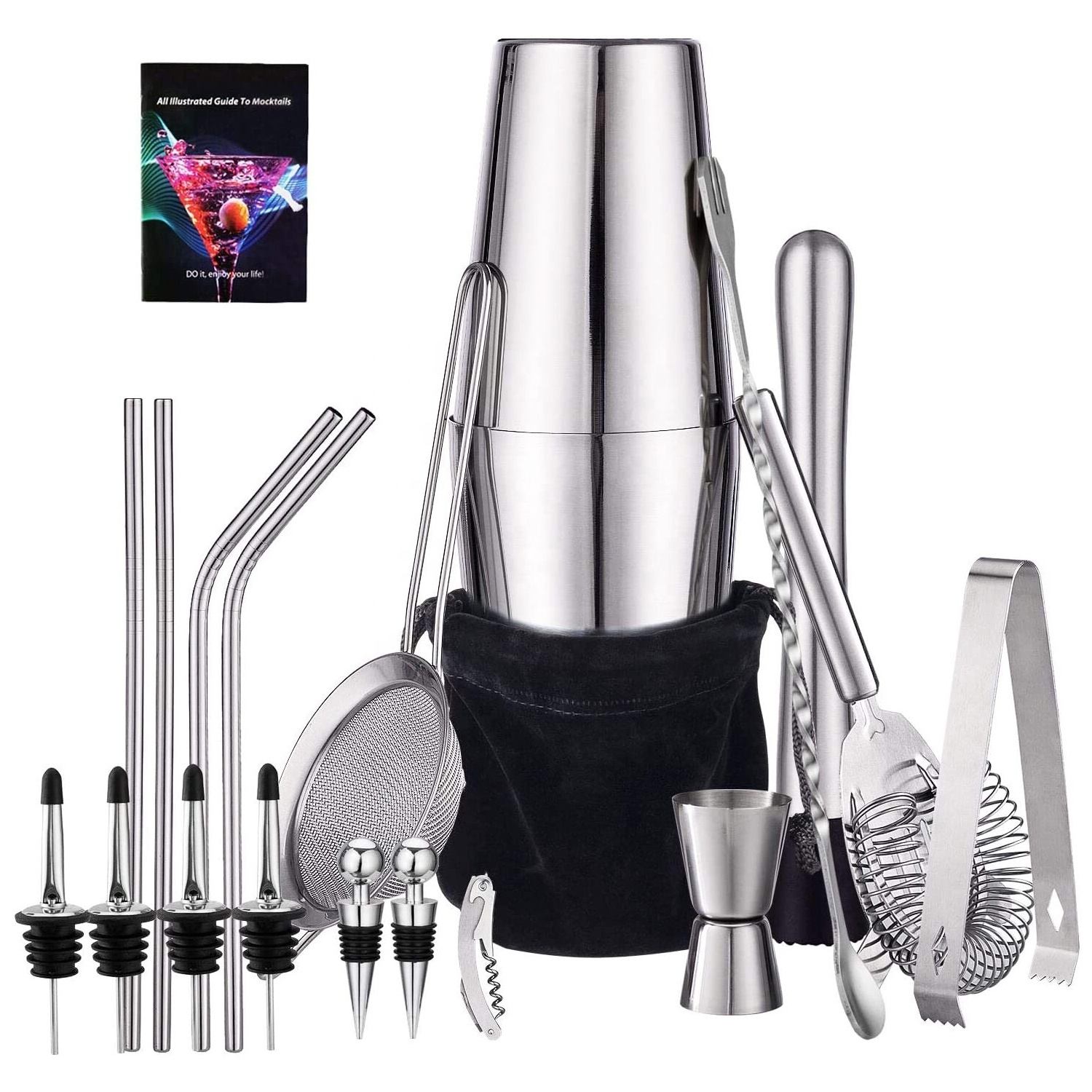 21 pcs herramientas de barman professional Stainless Steel Bar Tool 750ml 600ml Boston Cocktail Shaker Set for Bartender