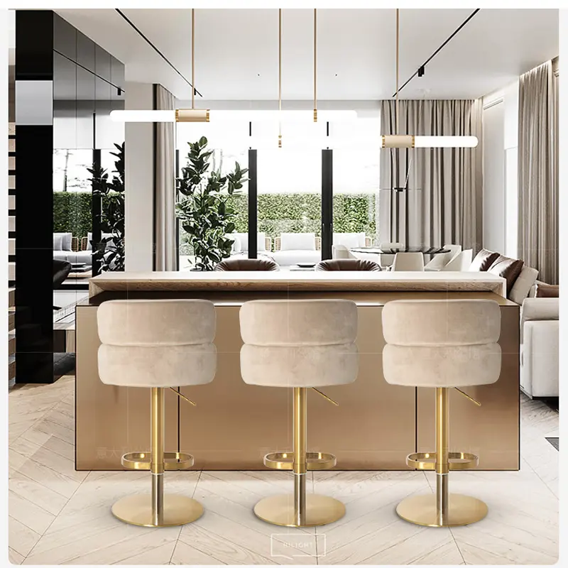 Modern Popular Velvet Chaise Haute Bar Gold Stainless Steel Swivel Chaise Bar Luxury Metal Bar Stools For Kitchen
