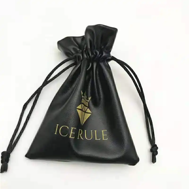 Drawstring Bag Black Small Jewelry PU Leather Pouch For Leather Box Packing