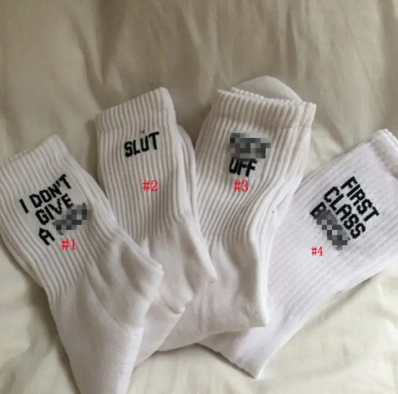 Wholesale Hot Sale Hip-hop Skateboard Couples Sock Funky Letters Soft Comfortable Breathable Cotton White Women Socks