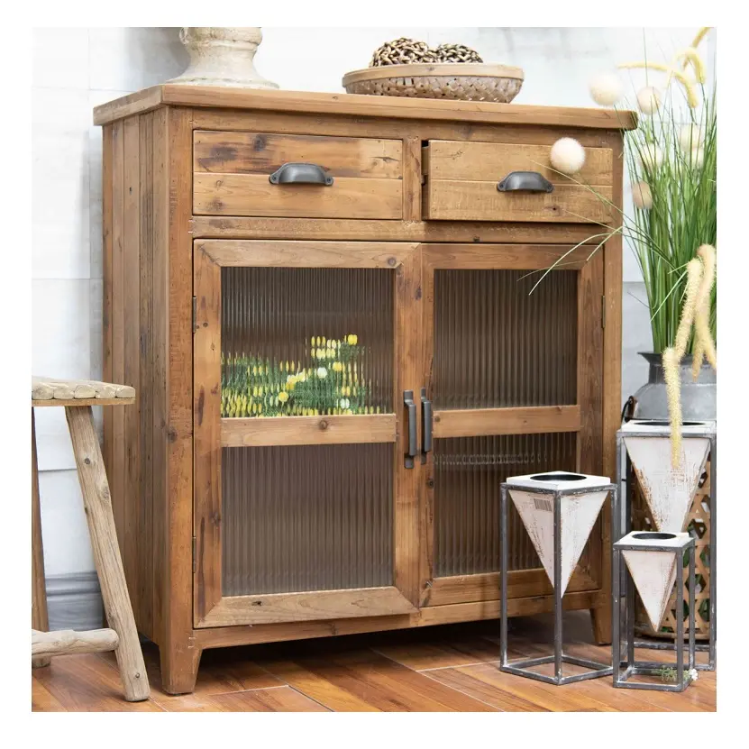 INNOVA classical antique design metal frame cabinet with woo top, industrial accent cabinet with glass door