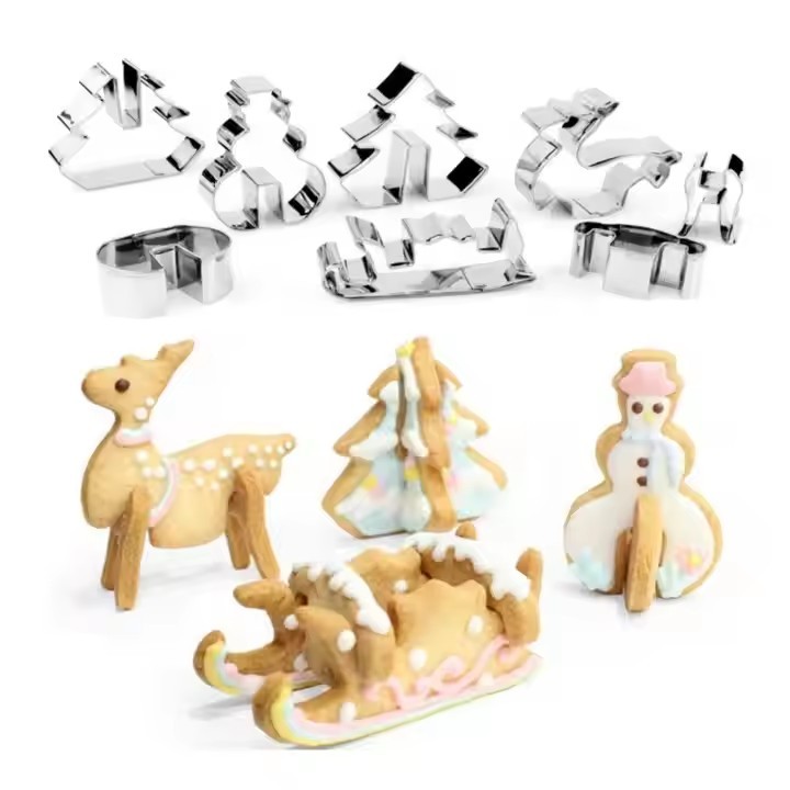 3D Stainless Steel Christmas Gingerbread House, Reindeer Sleigh, Snowman and Christmas Tree Cookie Cutter Set