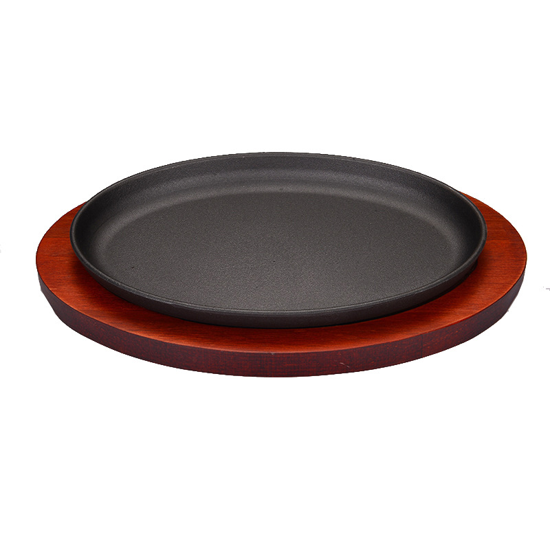 Oval pre-seasoned cast Iron fajita hot skillet plate set fry grill sizzling steak pan with red wooden base
