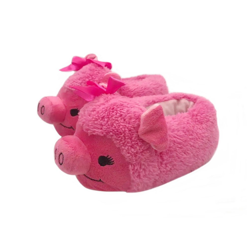 Pink Animal Slippers for Kids Fluffy Borg Fleece Upper Slip Anti-Skid Sole On Bedroom Cozy Cute Pig Cartoon Slippers