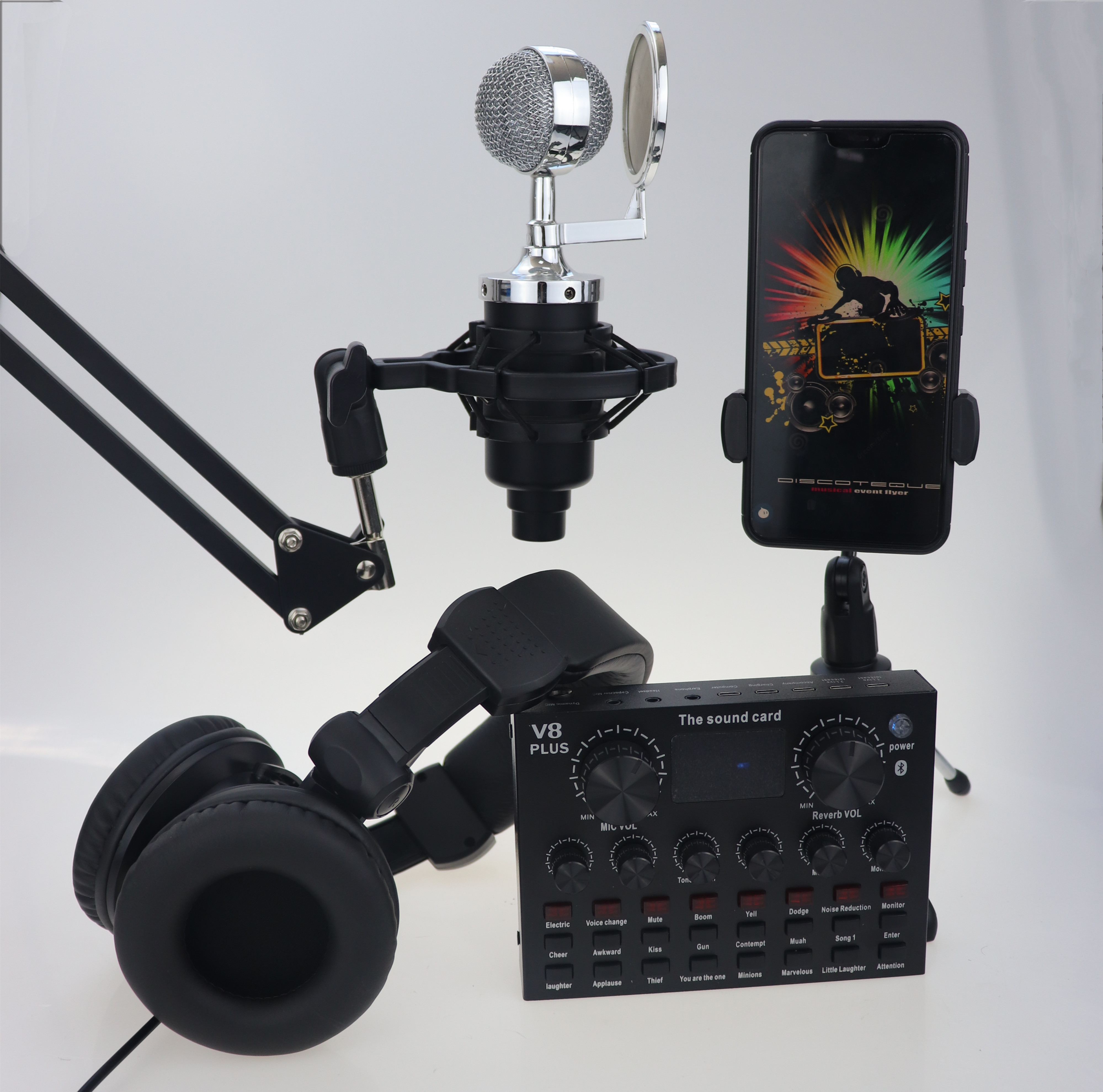 Наборы звуковых карт V8plus с микрофоном BM868, гарнитура, подставка для мобильного телефона, студийная звуковая карта, цена