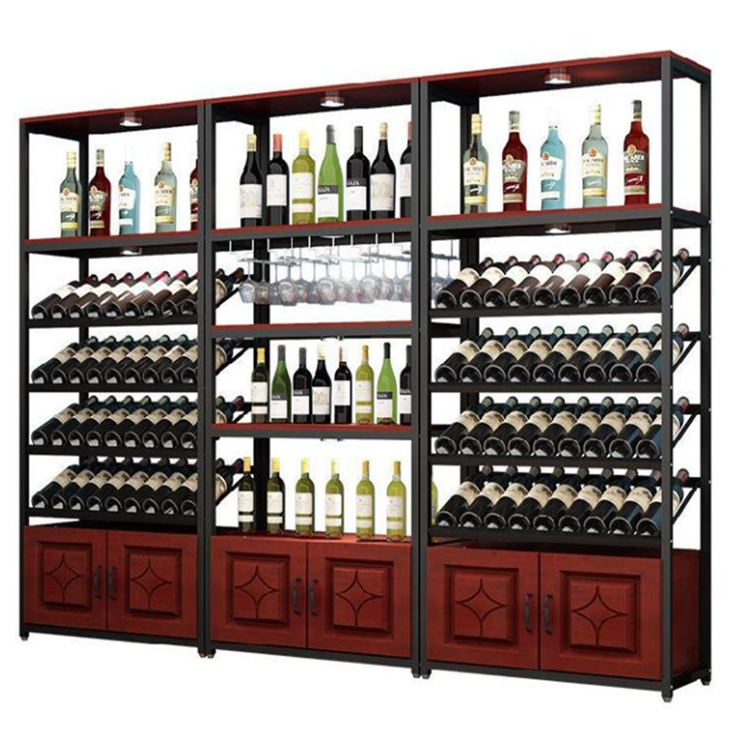 Steel-wood structure floor-standing wooden wine rack hotel lobby retail store red wine display stand indoor high-end wine holder