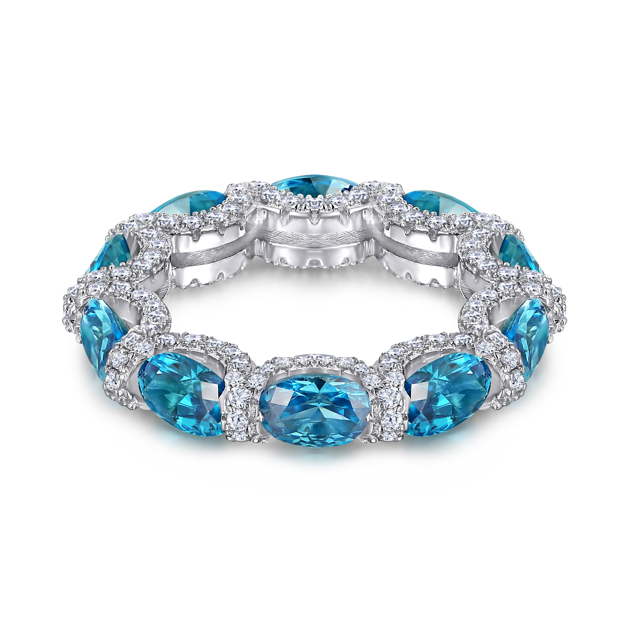 Women's Ring New Design Rhodium Plated High Carbon Dril 925 Sterling Silver Round Shape Blue Gemstone Band Ring