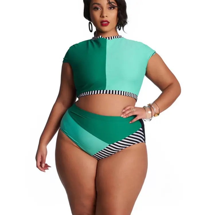 New Ladies Large Size Swimsuit Multi Color Stitching High Waist Plus Bikini Swimwear Wholesale Plus Size Swimsuit